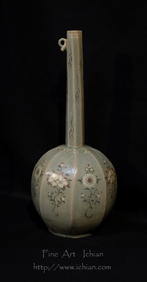 青磁象嵌辰砂牡丹菊花文長頸瓶高麗時代12世紀～13世紀 :: ichian